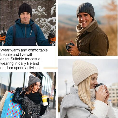 Shihanee 3 Pack Warm Wool Knit Beanie Hats for Women Men Slouchy Ribbed Cuffed Winter Hat for Cold Weather Outdoor Ski Sports, Black Dark Gray Beige in Saudi Arabia