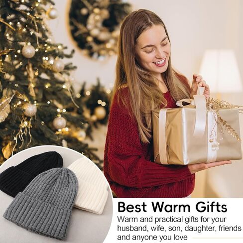 Shihanee 3 Pack Warm Wool Knit Beanie Hats for Women Men Slouchy Ribbed Cuffed Winter Hat for Cold Weather Outdoor Ski Sports, Black Dark Gray Beige in Saudi Arabia
