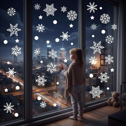 4Pcs Frosted Snow Window Stickers, 56-Piece Winter Theme Clings with Polka Dots and Stars for Glass Surface Decor in Saudi Arabia