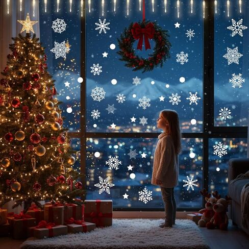 4Pcs Frosted Snow Window Stickers, 56-Piece Winter Theme Clings with Polka Dots and Stars for Glass Surface Decor in Saudi Arabia