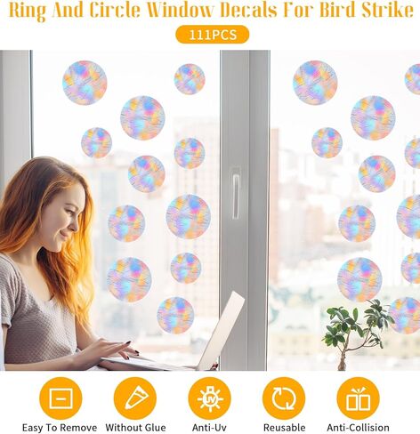 111Pcs Round Window Decals for Bird Strikes, Prism Window Cling Non-Adhesive Reusable Anti Collision Decals, Rainbow Vinyl Clings to Prevent Bird Collisions (2 Inch) in Saudi Arabia