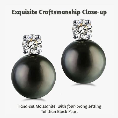 Lunar Belle 10mm Tahitian Black Pearl Stud Earrings with Moissanite Accents in 925 Sterling Silver, Elegant Fine Jewelry Gifts for Women (Ocean Bloom Whisper) in Saudi Arabia