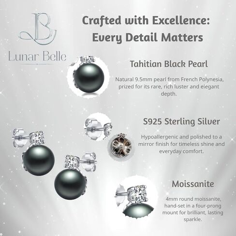Lunar Belle 10mm Tahitian Black Pearl Stud Earrings with Moissanite Accents in 925 Sterling Silver, Elegant Fine Jewelry Gifts for Women (Ocean Bloom Whisper) in Saudi Arabia