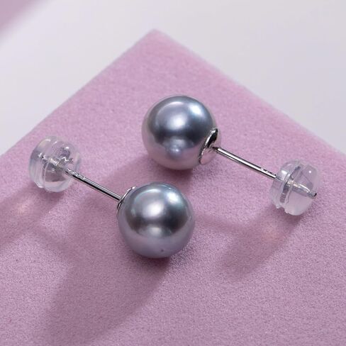 Nacréliser 925 Sterling Silver Akoya Pearl Stud Earrings, Natural Seawater Cultured Pearl, Round Akoya color is silver gray, Hypoallergenic Classic Minimalist Jewelry for Women in Saudi Arabia