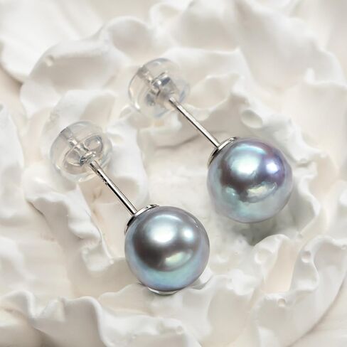 Nacréliser 925 Sterling Silver Akoya Pearl Stud Earrings, Natural Seawater Cultured Pearl, Round Akoya color is silver gray, Hypoallergenic Classic Minimalist Jewelry for Women in Saudi Arabia