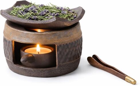 Zen Ceramic Incense Holder with Wooden Tongs, Tealight Wax Warmer and Essential Oil Burner for Wax Melts, Dried Herbs and Palo Santo, Aromatherapy Stove for Bedtime Calm, Meditation, Home and Office in Saudi Arabia