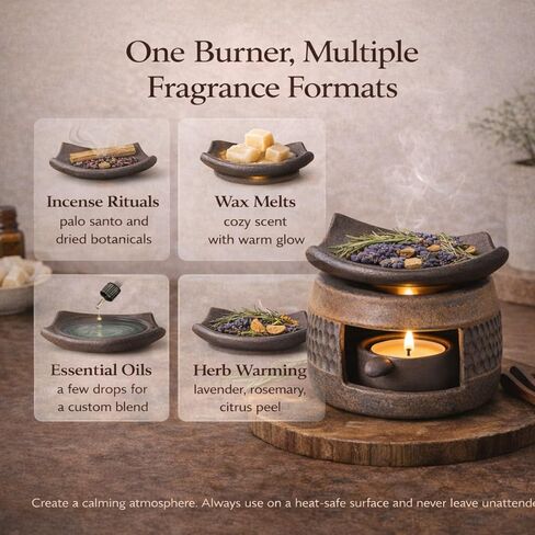 Zen Ceramic Incense Holder with Wooden Tongs, Tealight Wax Warmer and Essential Oil Burner for Wax Melts, Dried Herbs and Palo Santo, Aromatherapy Stove for Bedtime Calm, Meditation, Home and Office in Saudi Arabia
