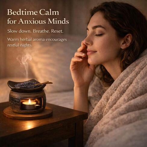 Zen Ceramic Incense Holder with Wooden Tongs, Tealight Wax Warmer and Essential Oil Burner for Wax Melts, Dried Herbs and Palo Santo, Aromatherapy Stove for Bedtime Calm, Meditation, Home and Office in Saudi Arabia
