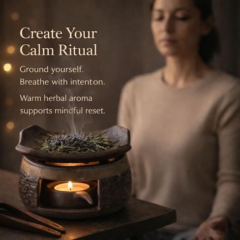 Zen Ceramic Incense Holder with Wooden Tongs, Tealight Wax Warmer and Essential Oil Burner for Wax Melts, Dried Herbs and Palo Santo, Aromatherapy Stove for Bedtime Calm, Meditation, Home and Office in Saudi Arabia