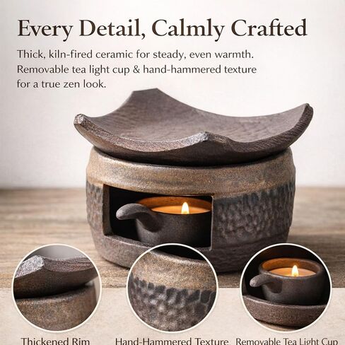 Zen Ceramic Incense Holder with Wooden Tongs, Tealight Wax Warmer and Essential Oil Burner for Wax Melts, Dried Herbs and Palo Santo, Aromatherapy Stove for Bedtime Calm, Meditation, Home and Office in Saudi Arabia