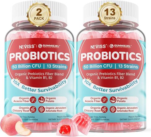Probiotic + Prebiotic Gummies for Adults & Kids 4+ (Made in USA), Sugar Free Chewable 50 Billion CFUs w/Fiber, Vitamin B1 B2 D3 & Zinc, for Digestive & Gut Health, Boost Microflora Diversity, 60 Cts in Saudi Arabia