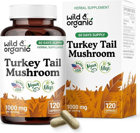 Wild & Organic Turkey Tail Mushroom Capsules 1000 mg - Immune Support - Turkey Tail Mushroom Powder Supplement - Coriolus Versicolor Mycelium Extract - Vegan, No Fillers, Non-GMO - 60 Count in Saudi Arabia