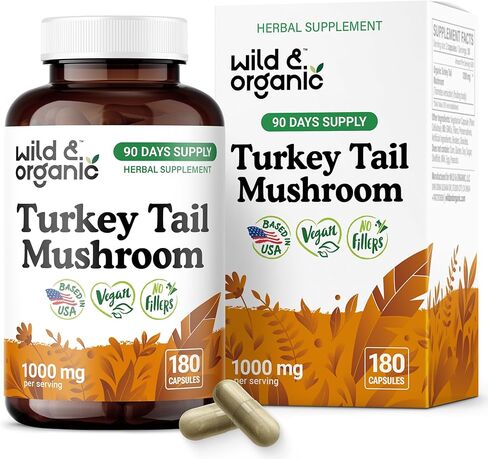Wild & Organic Turkey Tail Mushroom Capsules 1000 mg - Immune Support - Turkey Tail Mushroom Powder Supplement - Coriolus Versicolor Mycelium Extract - Vegan, No Fillers, Non-GMO - 60 Count in Saudi Arabia