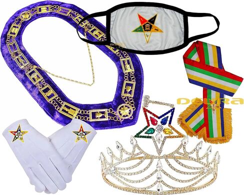 DEURA Masonic OES Matron Gold Plated Rhinestones O.E.S Order of the Eastern Star Adjustable Crown With Gavel + Collar Chain, GLOVES, MASK and SASH Package in Saudi Arabia