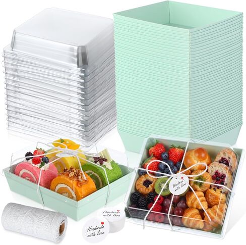 100 Pack Charcuterie Boxes with Clear Lids 5.7x5.1x2.6" Paper Food Containers to Go Pink Cake Boxes Take out Pink Bakery Boxes with Gift Tags Rope for Valentine's Day Desserts Cake Sandwich Strawberry in Saudi Arabia