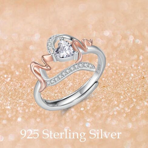 Mother's Day Gift Mom Heart Ring 925 Sterling Silver Adjustable Two-Tone Mom Ring With Heart Cubic Zirconia Thumb Ring for Mother women in Saudi Arabia