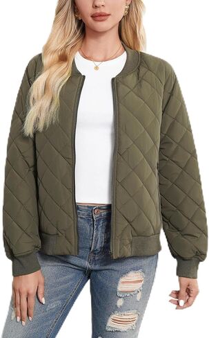 Women's Bomber Jacket - Fashion Quilted Casual Bomber Jakcets Lightweight Zip up Outerwear Jacket with Pockets in Saudi Arabia