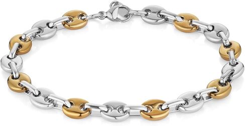 HZMAN Coffee Bean Bracelet for Men, 7mm Wide 8.5 Inch Stainless Steel Link Chain, Gift for Men, Gold, Silver, Two-Tone in Saudi Arabia