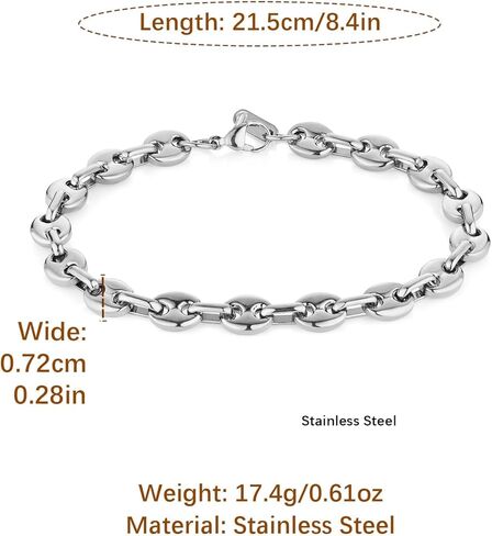 HZMAN Coffee Bean Bracelet for Men, 7mm Wide 8.5 Inch Stainless Steel Link Chain, Gift for Men, Gold, Silver, Two-Tone in Saudi Arabia
