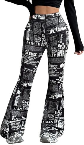 WDIRARA Women's Newspaper Print Flared Pants Elastic Waist Bell Bottom Trousers in Saudi Arabia