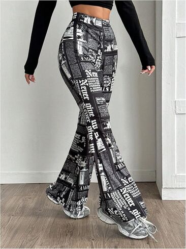 WDIRARA Women's Newspaper Print Flared Pants Elastic Waist Bell Bottom Trousers in Saudi Arabia