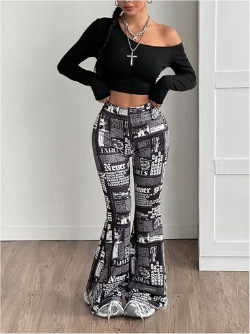 WDIRARA Women's Newspaper Print Flared Pants Elastic Waist Bell Bottom Trousers in Saudi Arabia