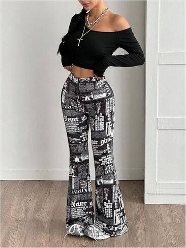 WDIRARA Women's Newspaper Print Flared Pants Elastic Waist Bell Bottom Trousers in Saudi Arabia