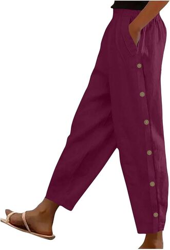 FPMLUXLL Womens Linen Pants Casual Wide Leg Summer Beach Pants Boho Lounge Pant Button Baggy High Waisted Trouser with Pocket in Saudi Arabia