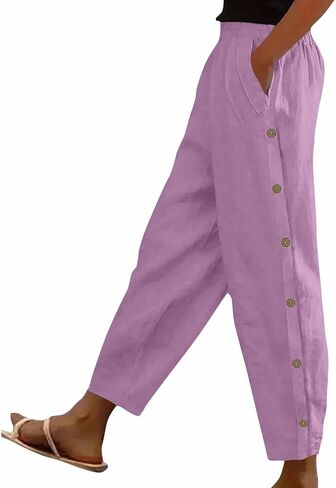 FPMLUXLL Womens Linen Pants Casual Wide Leg Summer Beach Pants Boho Lounge Pant Button Baggy High Waisted Trouser with Pocket in Saudi Arabia