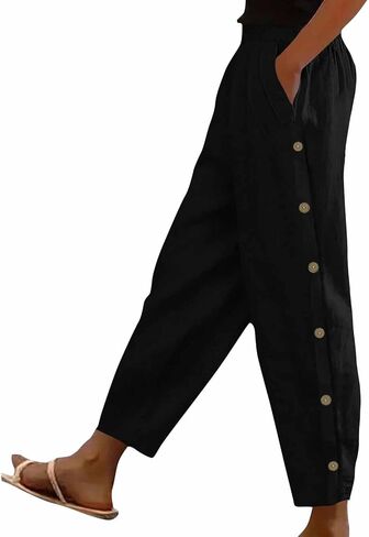 FPMLUXLL Womens Linen Pants Casual Wide Leg Summer Beach Pants Boho Lounge Pant Button Baggy High Waisted Trouser with Pocket in Saudi Arabia