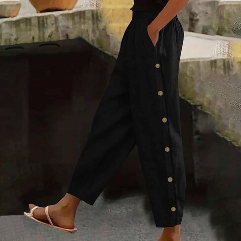 FPMLUXLL Womens Linen Pants Casual Wide Leg Summer Beach Pants Boho Lounge Pant Button Baggy High Waisted Trouser with Pocket in Saudi Arabia