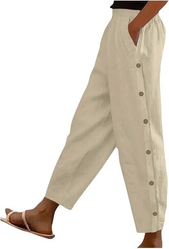 FPMLUXLL Womens Linen Pants Casual Wide Leg Summer Beach Pants Boho Lounge Pant Button Baggy High Waisted Trouser with Pocket in Saudi Arabia