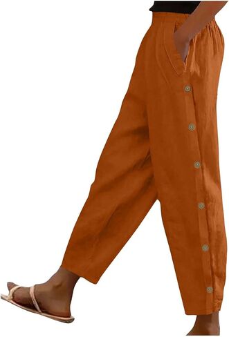FPMLUXLL Womens Linen Pants Casual Wide Leg Summer Beach Pants Boho Lounge Pant Button Baggy High Waisted Trouser with Pocket in Saudi Arabia