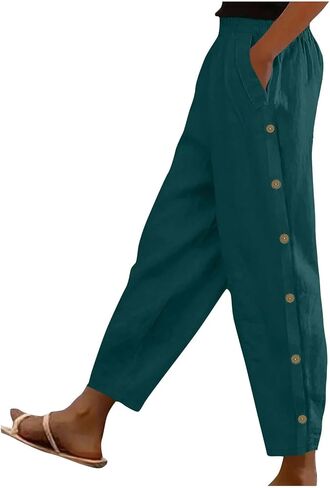 FPMLUXLL Womens Linen Pants Casual Wide Leg Summer Beach Pants Boho Lounge Pant Button Baggy High Waisted Trouser with Pocket in Saudi Arabia