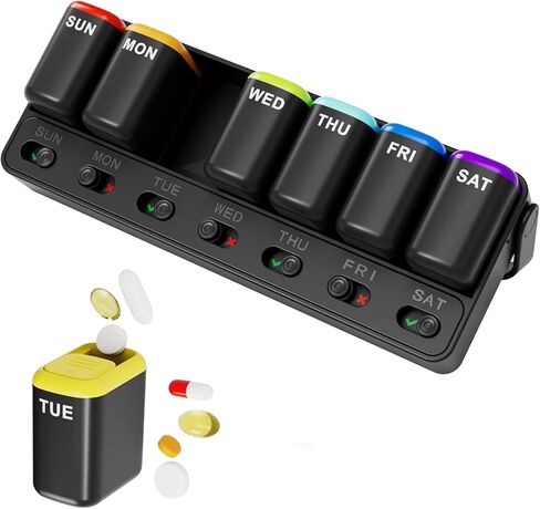 Weekly Pill Organizer 7 Day Pill Organizer one time a Day with Reminder, Detachable Travel Pill Case, Large Capacity Medicine Organizer for Vitamins, Supplements & Daily Medications (Black) in Saudi Arabia