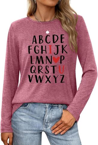 Vlinphin Valentines Shirts for Women: Pink Valentines Day Outfit Long Sleeve T-Shirt Love Heart Graphic Casual Tee Tops in Saudi Arabia