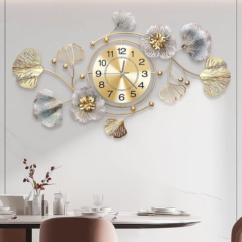 ساعات لغرفة المعيشة ، ساعة حائط كبيرة ، ساعة حائط صامتة ثلاثية الأبعاد ، تصميم أوراق Ginkgo المعدنية ، لساعات الحائط المطبخ غرفة نوم （32''x18 ''） in Saudi Arabia