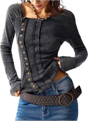winkbay Women's Y2k Button Down Asymmetrical Neck T Shirts Vintage Long Sleeve Fitted Knit Tee Tops in Saudi Arabia