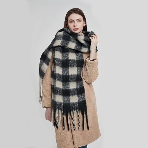 Black and White Scarf for Women, Fashion Long Shawl Big Grid Winter Warm, Oversized Winter Shawl for Daily Commute, Cold Weather Outings and Casual Wear, 90.6x15.7 Inches in Saudi Arabia