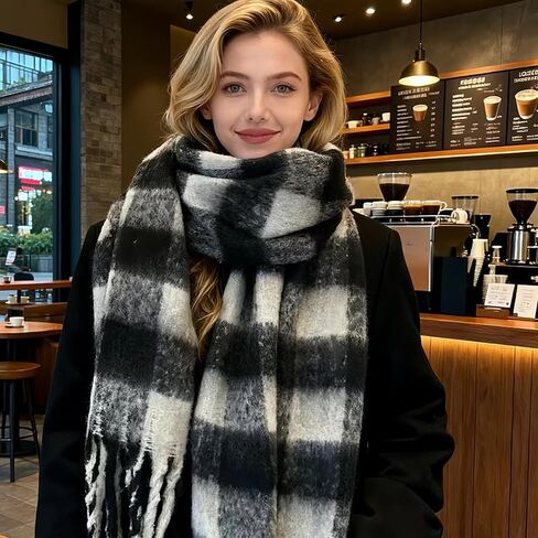 Black and White Scarf for Women, Fashion Long Shawl Big Grid Winter Warm, Oversized Winter Shawl for Daily Commute, Cold Weather Outings and Casual Wear, 90.6x15.7 Inches in Saudi Arabia