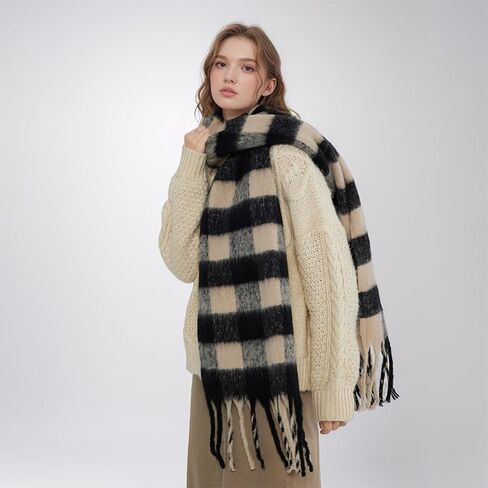 Black and White Scarf for Women, Fashion Long Shawl Big Grid Winter Warm, Oversized Winter Shawl for Daily Commute, Cold Weather Outings and Casual Wear, 90.6x15.7 Inches in Saudi Arabia