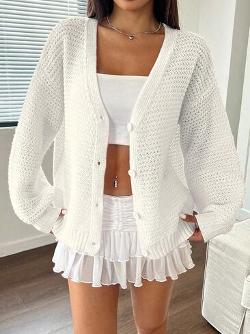 SISKIN Oversized Crochet Cardigan, Chunky Cropped Sweater for Women Cute Long Sleeve Button Knitwear in Saudi Arabia