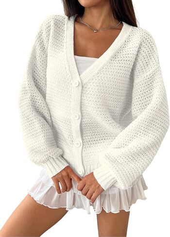 SISKIN Oversized Crochet Cardigan, Chunky Cropped Sweater for Women Cute Long Sleeve Button Knitwear in Saudi Arabia