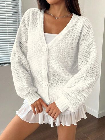 SISKIN Oversized Crochet Cardigan, Chunky Cropped Sweater for Women Cute Long Sleeve Button Knitwear in Saudi Arabia