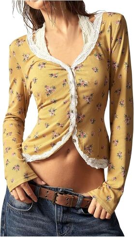 RoseSeek Women's Floral Graphic Lace Trim Sweaters V Neck Button Down Cropped Cardigans in Saudi Arabia