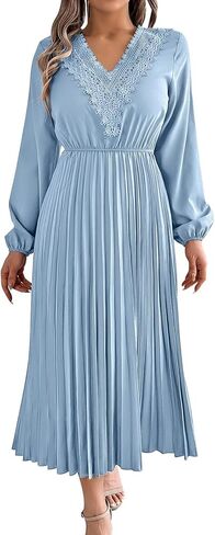 Women's Formal Dresses Wrap Lace V Neck Long Sleeve Pleated Maxi Dress 2025 Flowy Swing Flowy Boho Long Sundress in Saudi Arabia