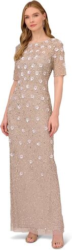 Adrianna Papell (ADRIL) Women's Long Hand Beaded 3D Floral Dress with Elbow Sleeves in Saudi Arabia