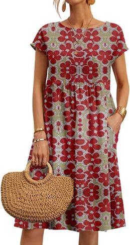 Kubsid Womens Summer Dresses 2025 Boho Floral Short Sleeve Crewneck Sundress Casual A-line Midi Dresses with Pockets in Kuwait