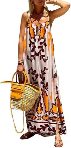Obenie Women's Bohemian Floral Dress, Strapless Italian Spaghetti Strap Long Dress, Casual Beach Dress, Y2K Long Dress in Saudi Arabia