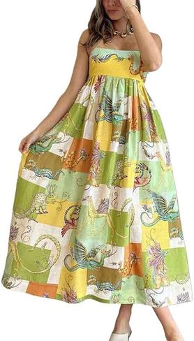 Obenie Women's Bohemian Floral Dress, Strapless Italian Spaghetti Strap Long Dress, Casual Beach Dress, Y2K Long Dress in Saudi Arabia